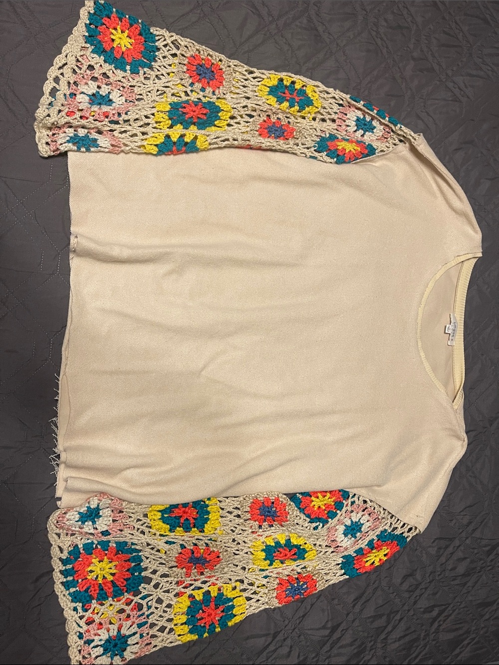 Umgee Cream Top with Multicolor Crochet Bell Sleeves. BOHO style